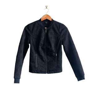 Guess Womens Zippered Jacket Long Sleeve Embossed Roses Textured Black XS